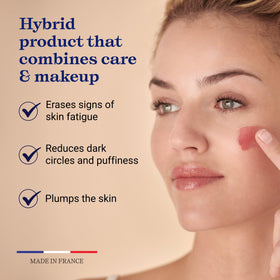 Embryolisse texture swatch on skin showing creamy tint and dewy finish benefit