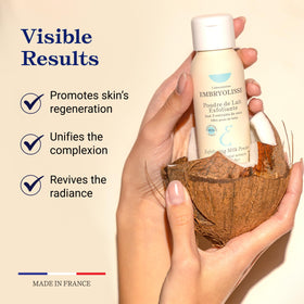 Embryolisse powder texture close-up showing micronized coconut particles for gentle polish