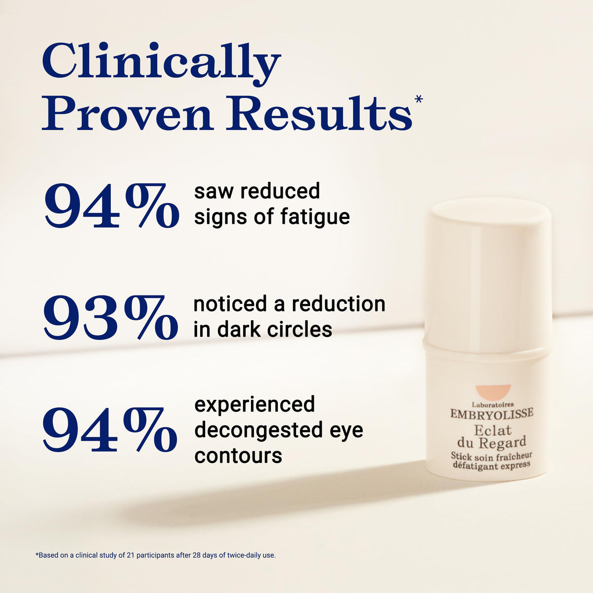Embryolisse eye stick in hand for scale emphasizing portable size and on-the-go convenience