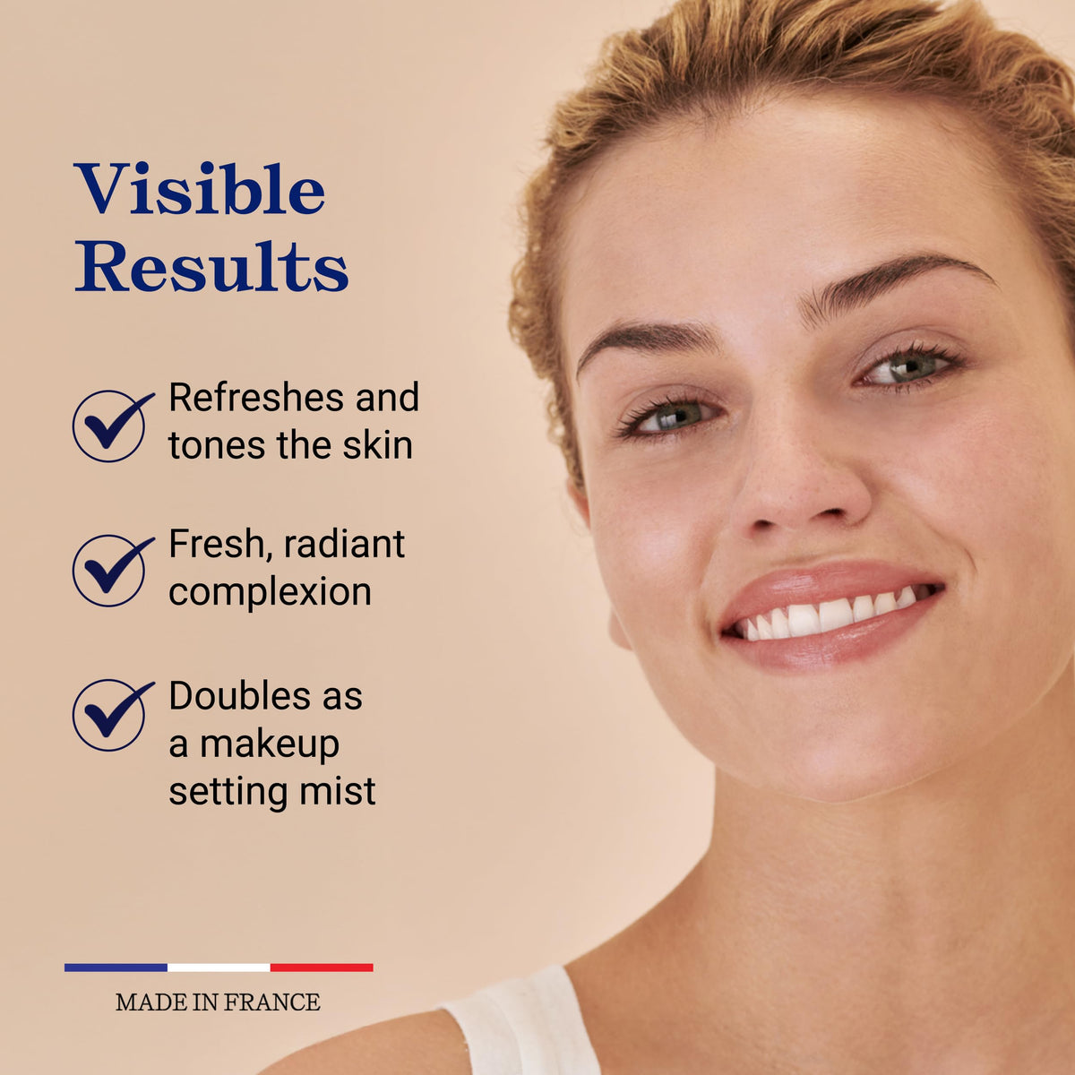 Hand misting Embryolisse Rosamelis on face for instant hydration and calm
