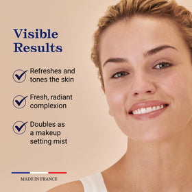 Hand misting Embryolisse Rosamelis on face for instant hydration and calm