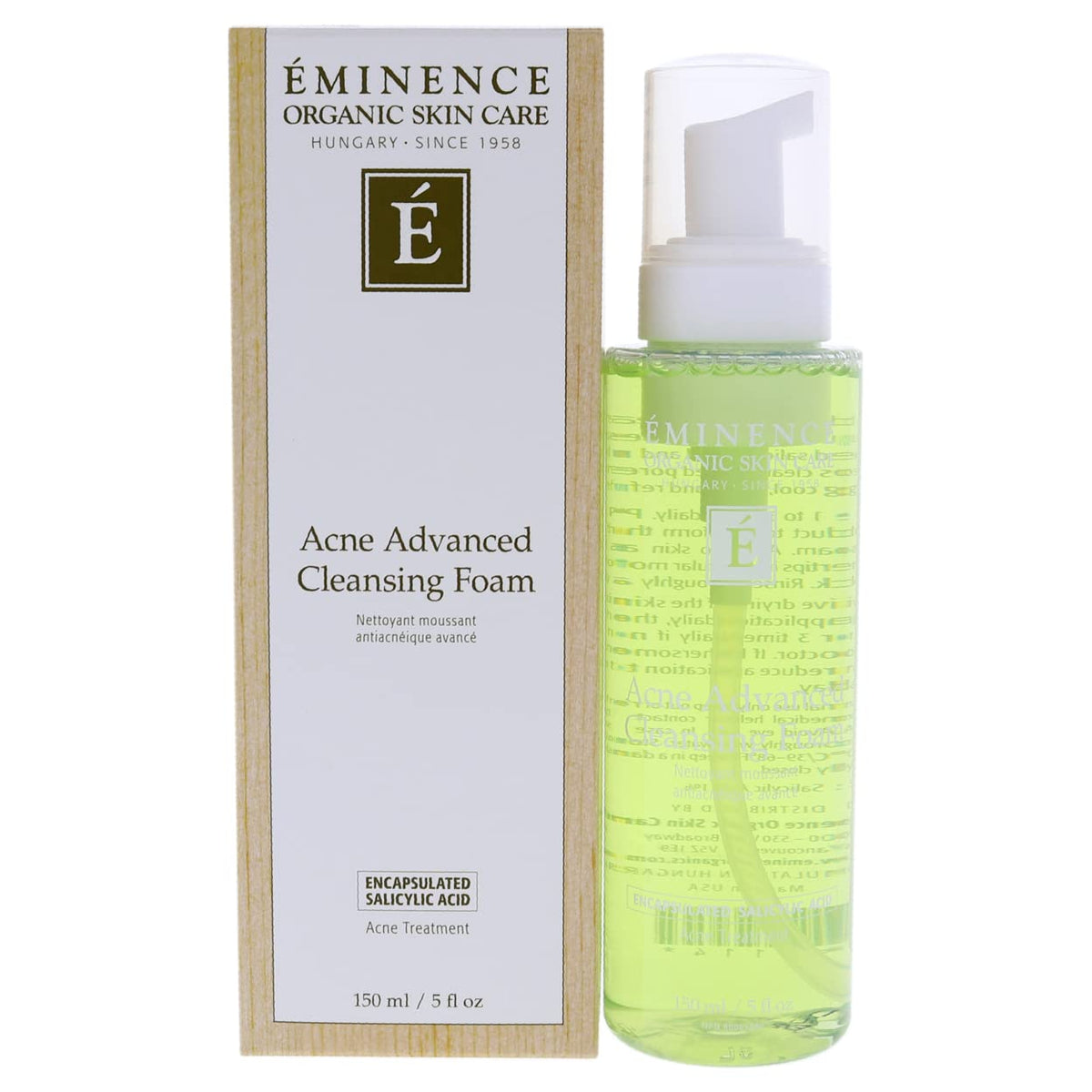 Eminence Acne Advanced Cleansing Foam front packaging showing size and branding benefits clarity