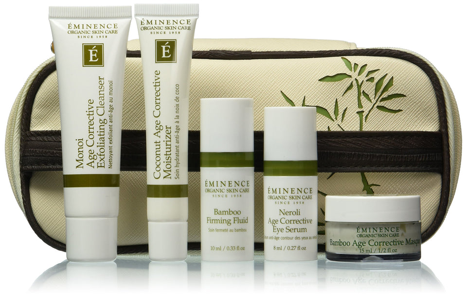 Eminence starter set front view showing five travel-size bottles for on-the-go anti-aging