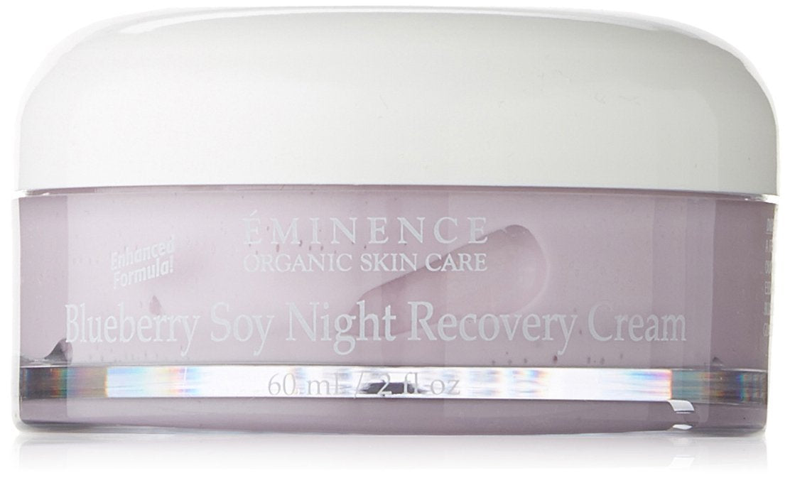 Eminence Organic Skincare front jar of Blueberry Soy Night Recovery Cream showing label and size benefit
