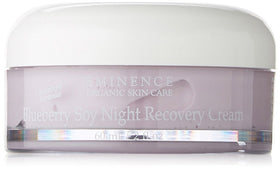 Eminence Organic Skincare front jar of Blueberry Soy Night Recovery Cream showing label and size benefit