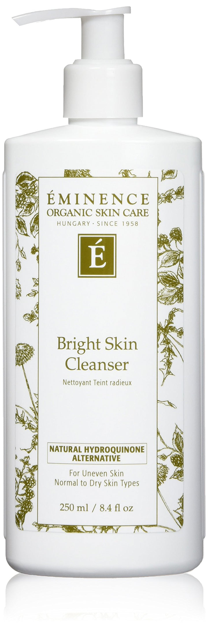 Eminence front packaging showing bottle and label, highlights clean brightening benefits
