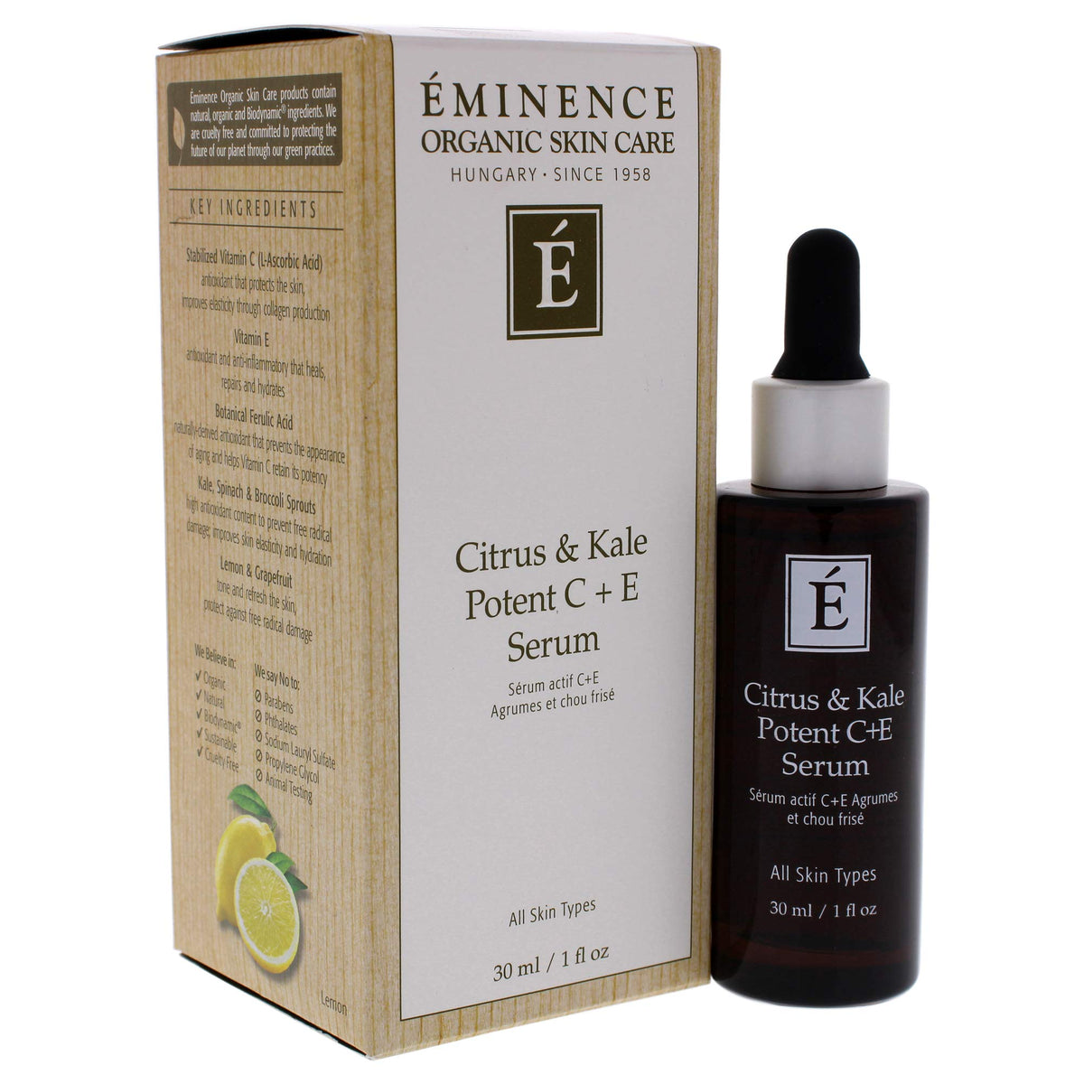 Eminence bottle in hand to show 1.01 fl oz scale and travel-friendly convenience