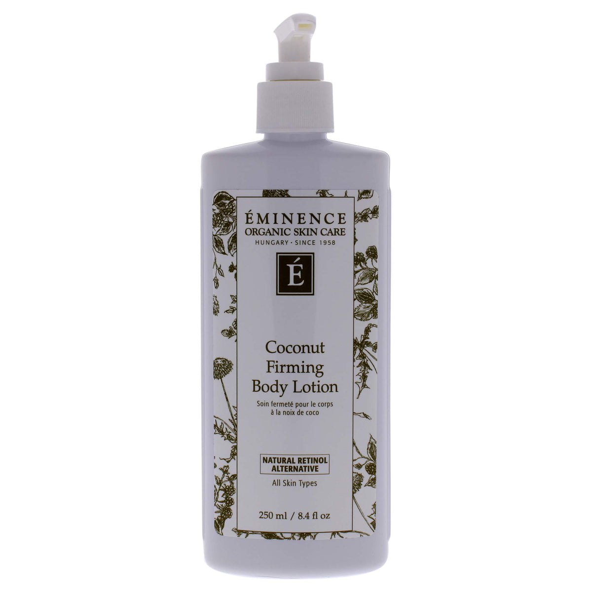Eminence coconut firming body lotion front packaging shows bottle and label benefit