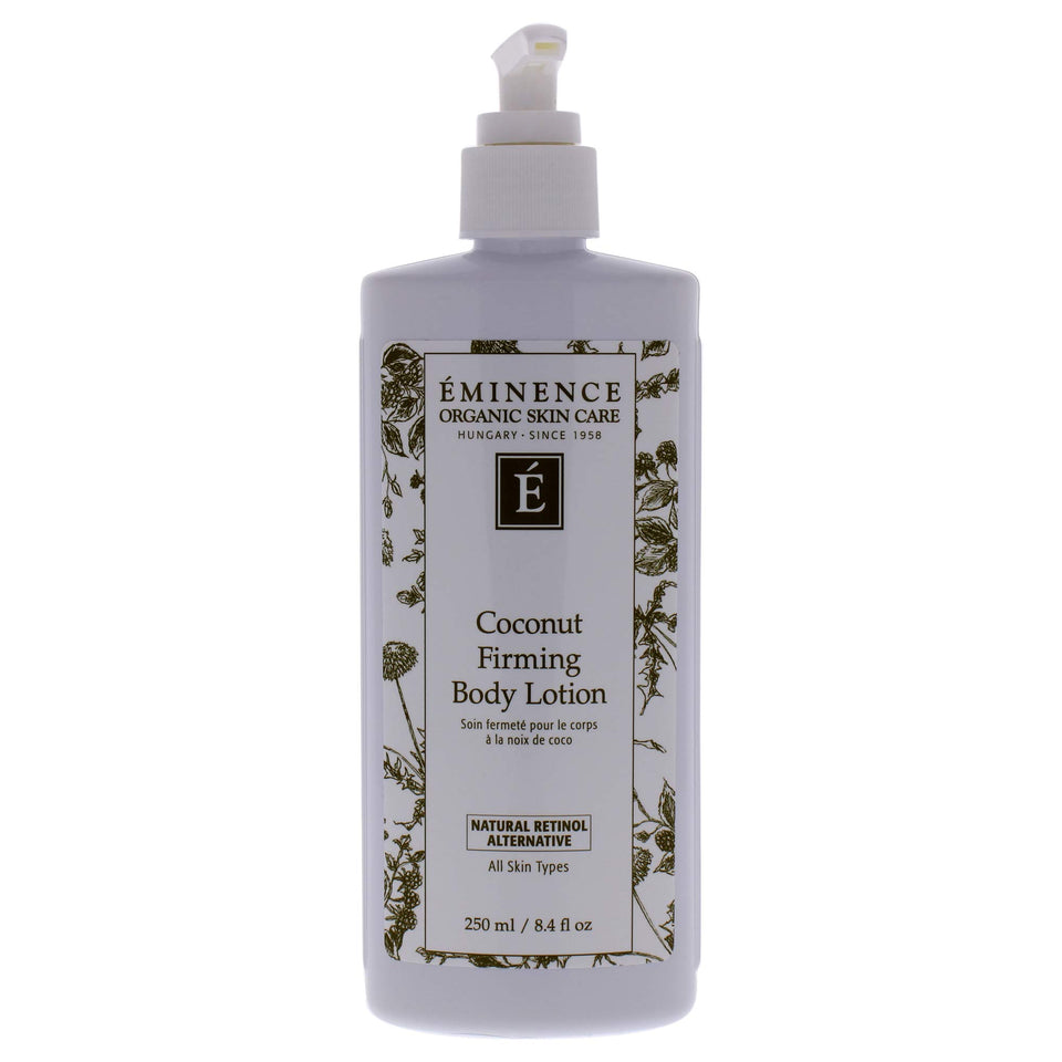 Eminence coconut firming body lotion front packaging shows bottle and label benefit