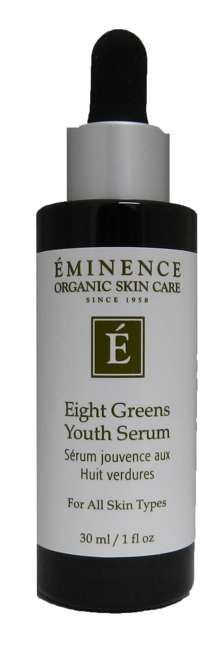 Eminence Eight Greens Youth Serum bottle front view showing sleek packaging and antioxidant benefits