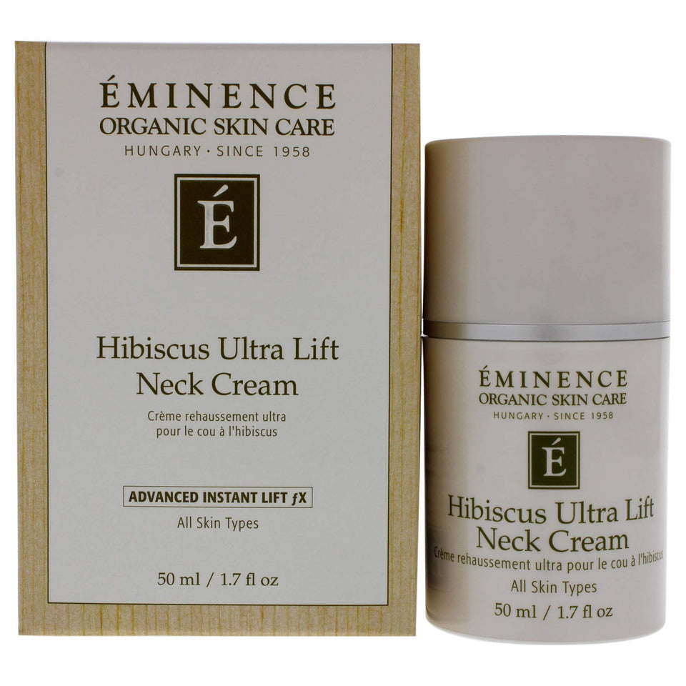 Eminence Hibiscus Ultra Lift Neck Cream front pump showing packaging and controlled dispensing benefit