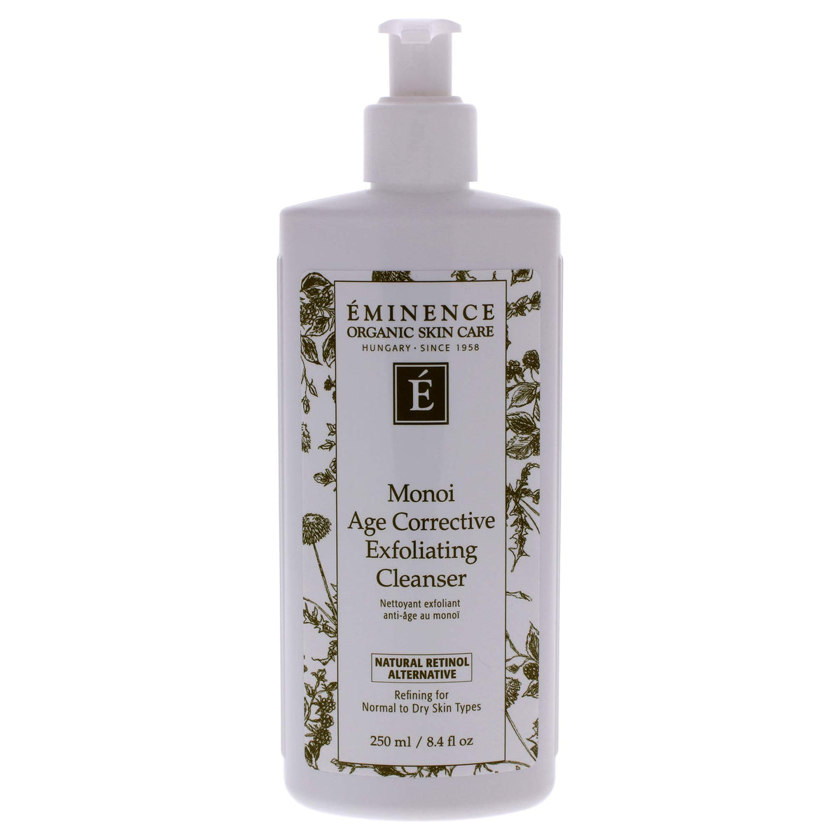 Eminence monoi exfoliating cleanser front packaging showing bottle and clear benefit