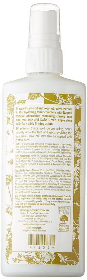 Eminence Neroli Age Corrective Hydrating Mist being sprayed on skin demonstrating instant hydration and a refreshing boost