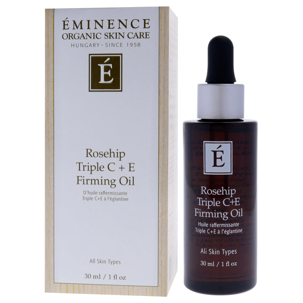 Eminence bottle beside coin scale showing 1 oz travel-friendly benefit