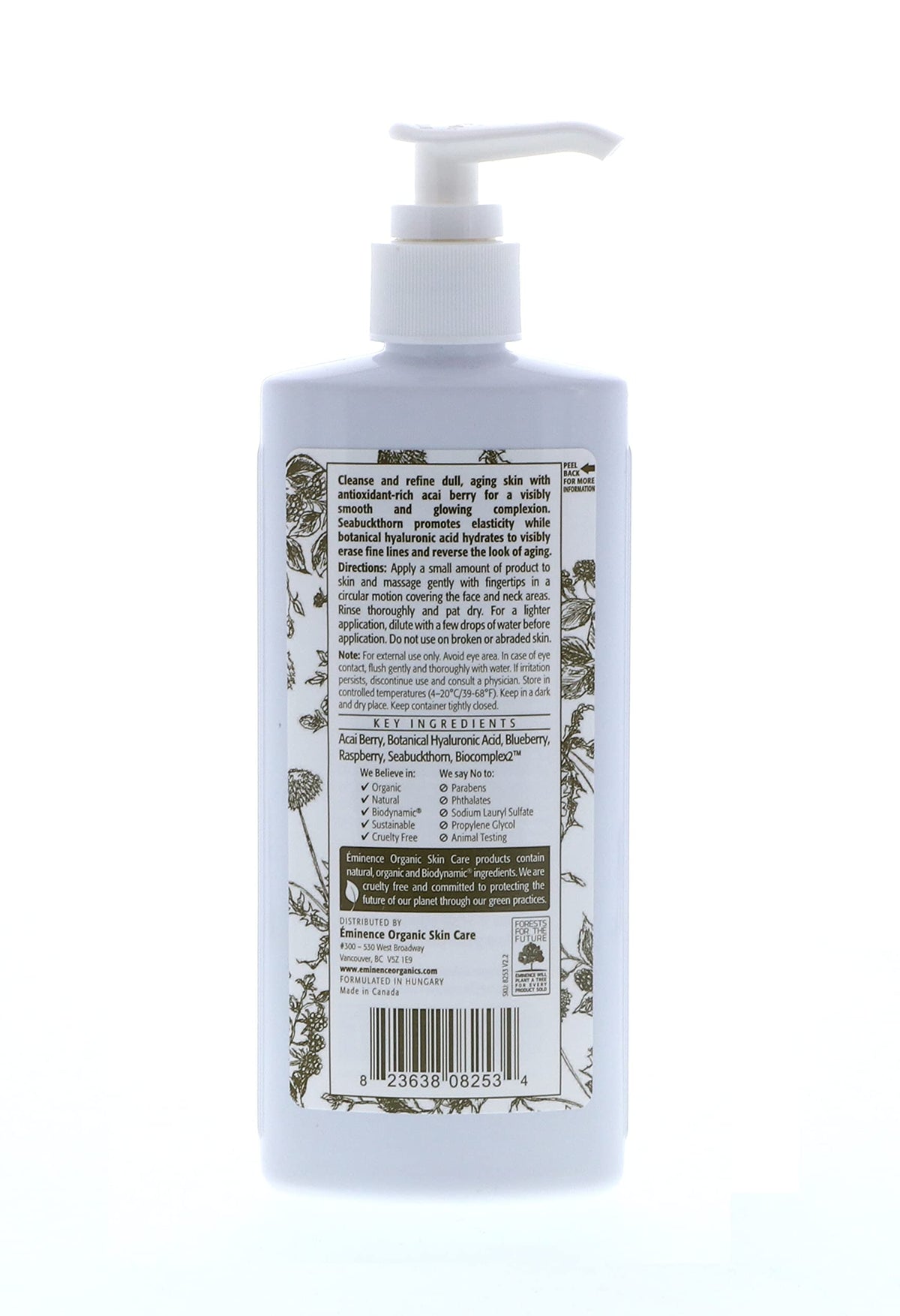 Eminence cleanser held in hand to show 8.4 oz scale and travel convenience