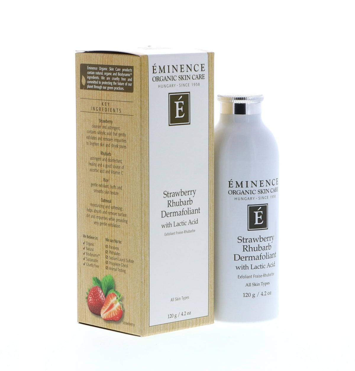 Strawberry and rhubarb botanicals displayed with Eminence antioxidant focus