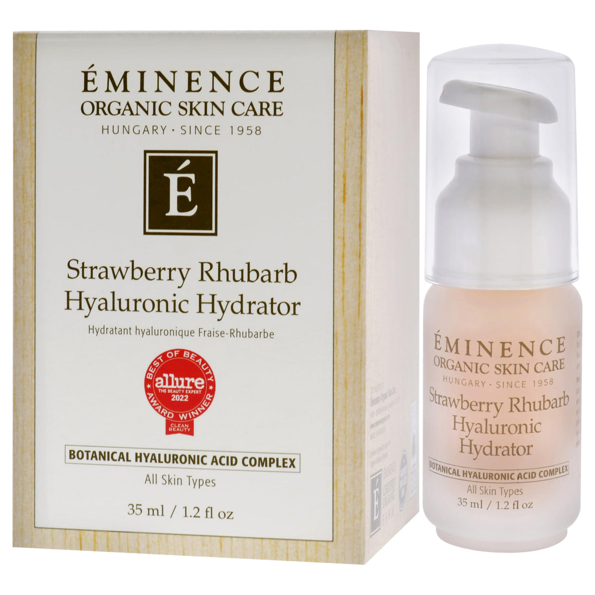 Fresh strawberries and rhubarb beside Eminence jar showing natural botanical ingredients