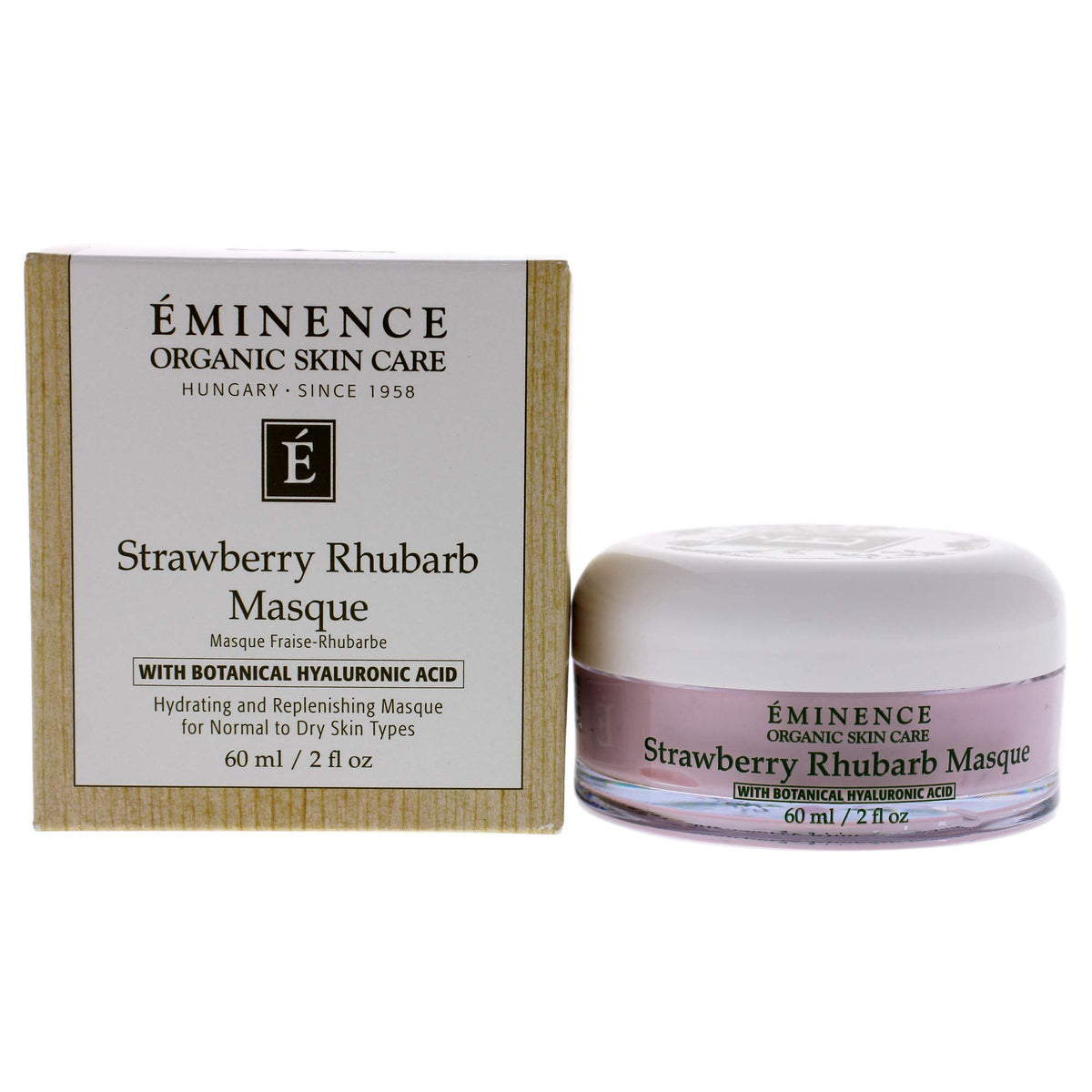 Eminence strawberry rhubarb masque jar front view showing label and hydrating benefit