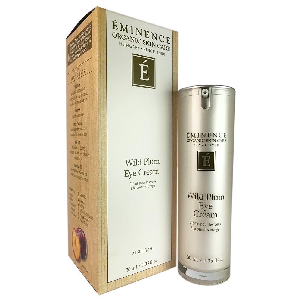 Eminence Wild Plum Eye Cream front view showing pump and brightening benefit