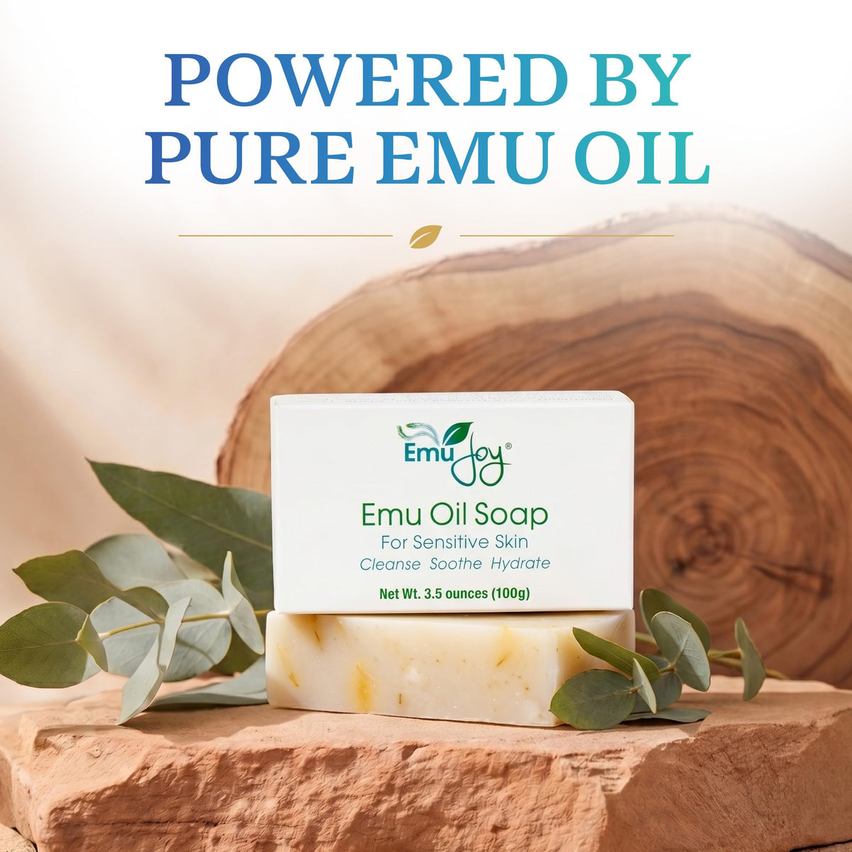 Emu Joy soap displayed on bathroom shelf showing everyday, multi-use convenience