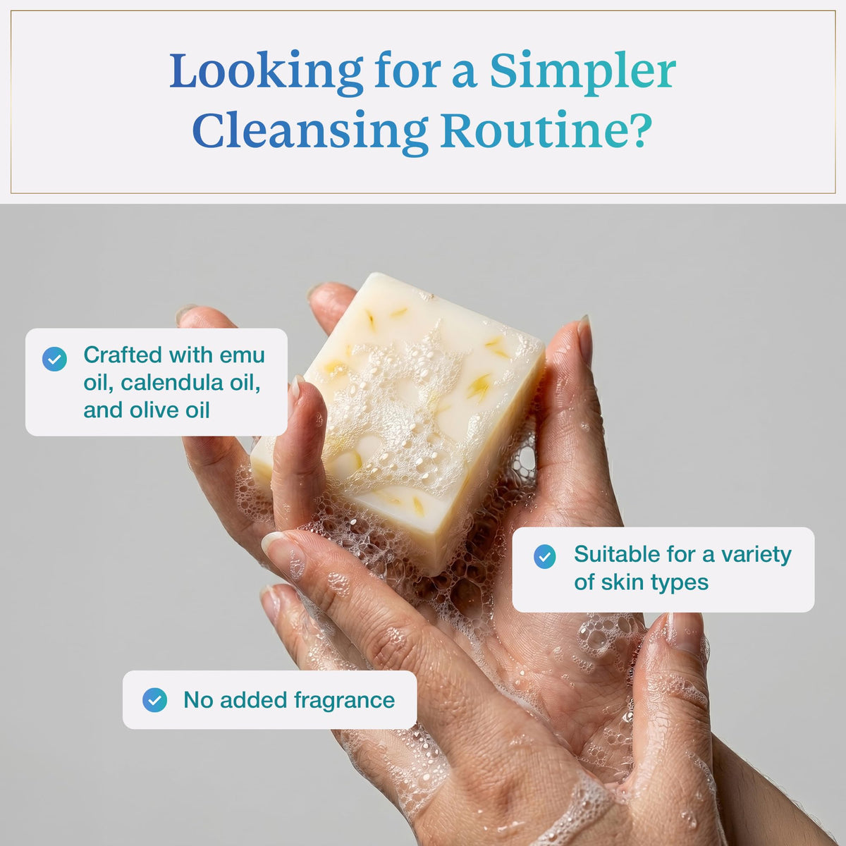 Emu Joy lather in hand demonstrating mild foam and easy rinse benefits