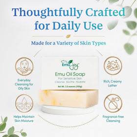 Emu Joy soap sliced next to scale showing 3.5 oz size and travel-friendly benefit
