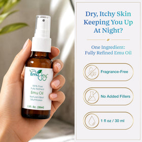 Close-up of Emu Joy oil texture highlighting lightweight feel benefit