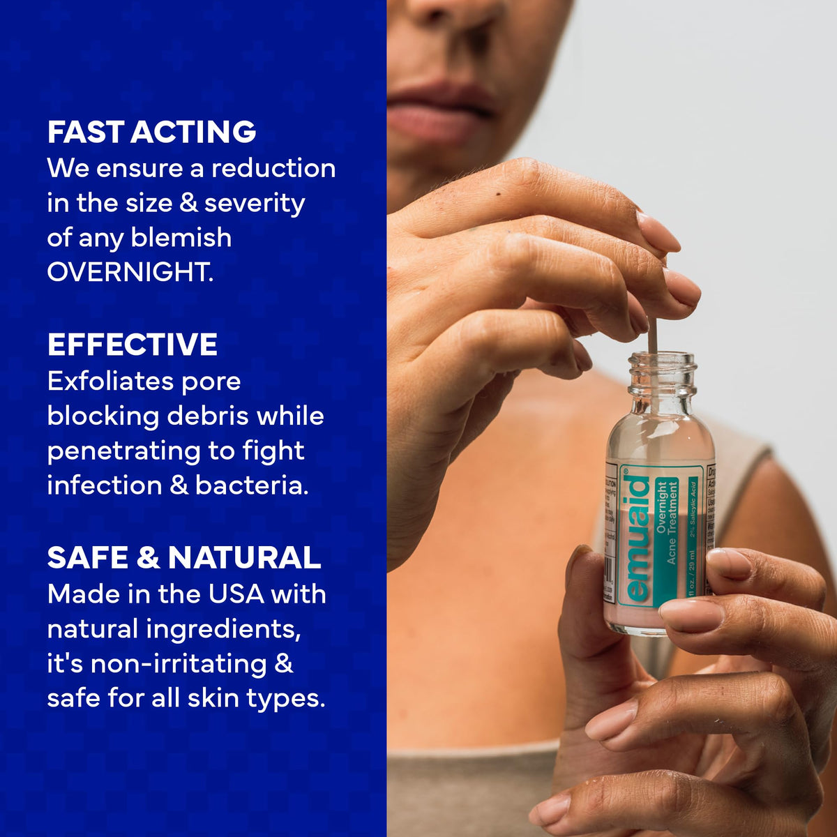 emuaid applying a small dab to a pimple before sleep for overnight reduction