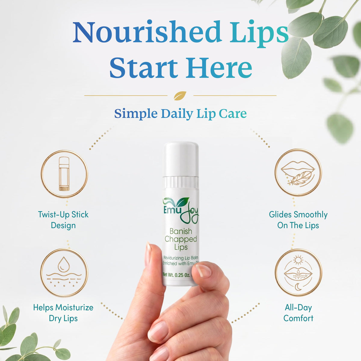 Emu Joy applying balm to lips demonstrating quick tidy application benefit