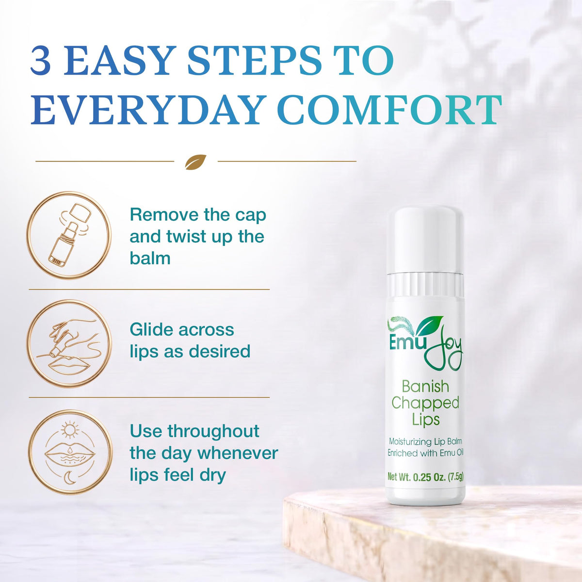Emu Joy balm worn outdoors protecting lips in dry weather benefit