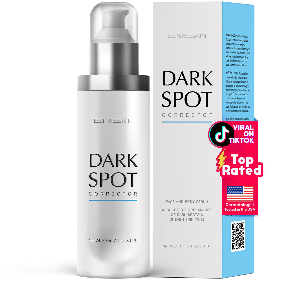 EnaSkin front bottle showing clean brightening serum, encourages daily use