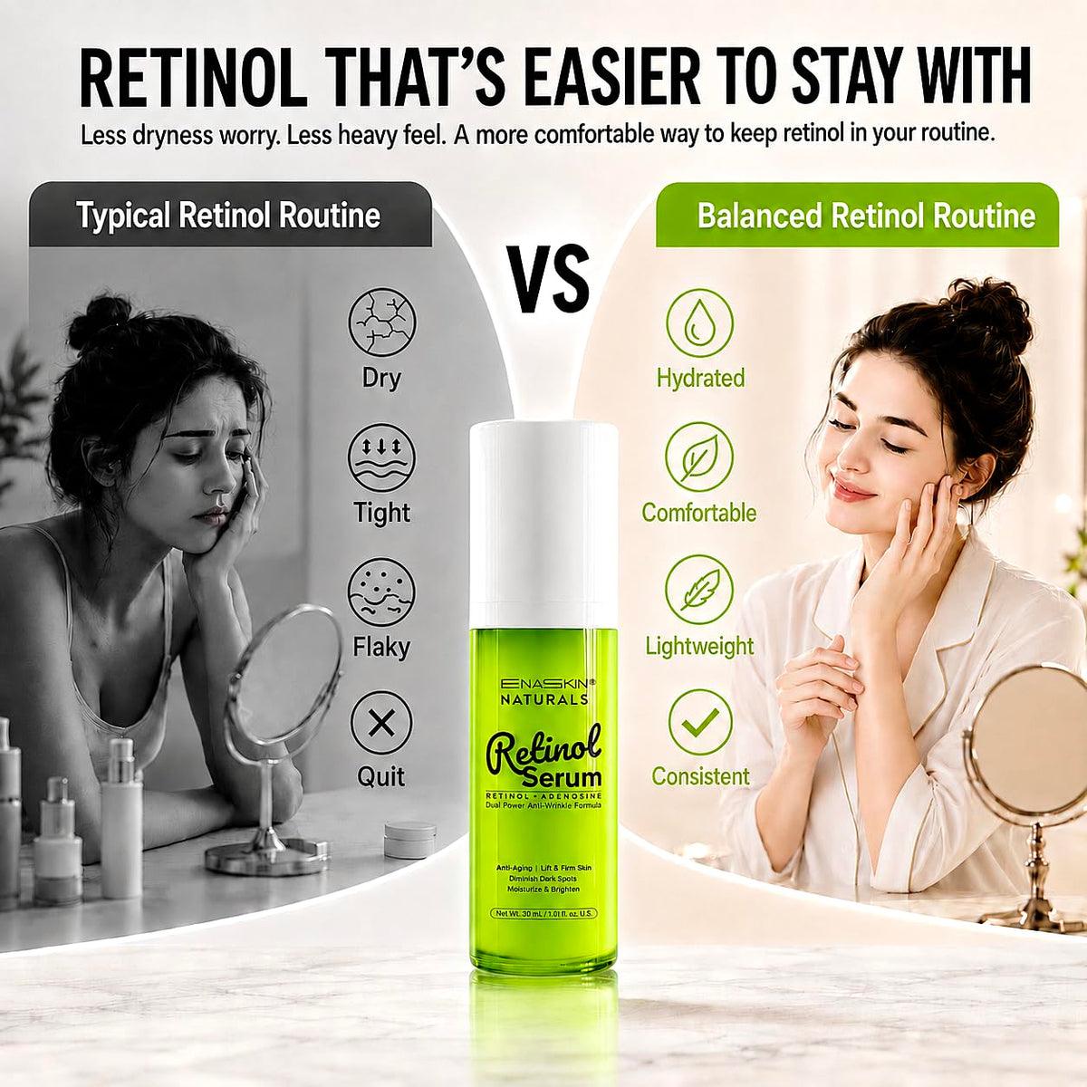 Enaskin Naturals label showing key actives for anti-aging and skin comfort
