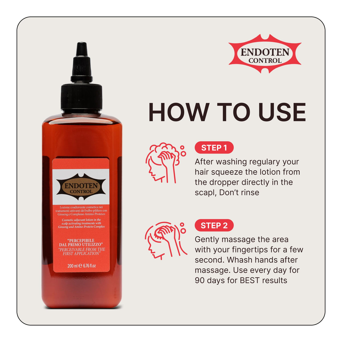 ENDOTEN CONTROL size comparison 200ml next to hand showing bottle scale and lasting supply