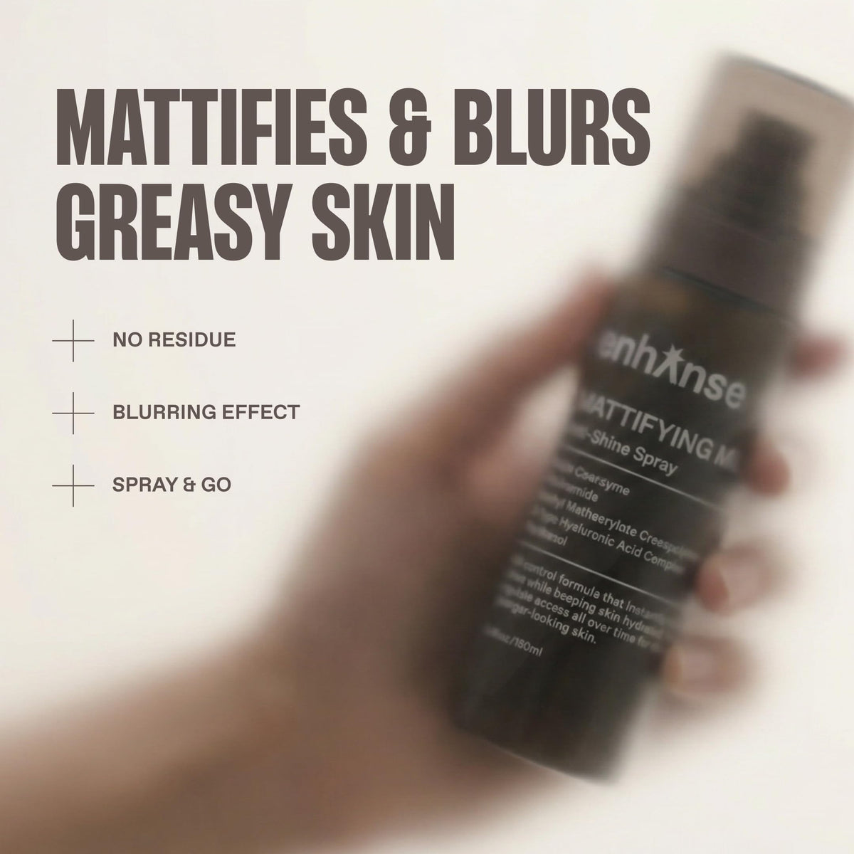 ENHANSE bottle held in hand showing 3.4 fl oz travel-friendly size