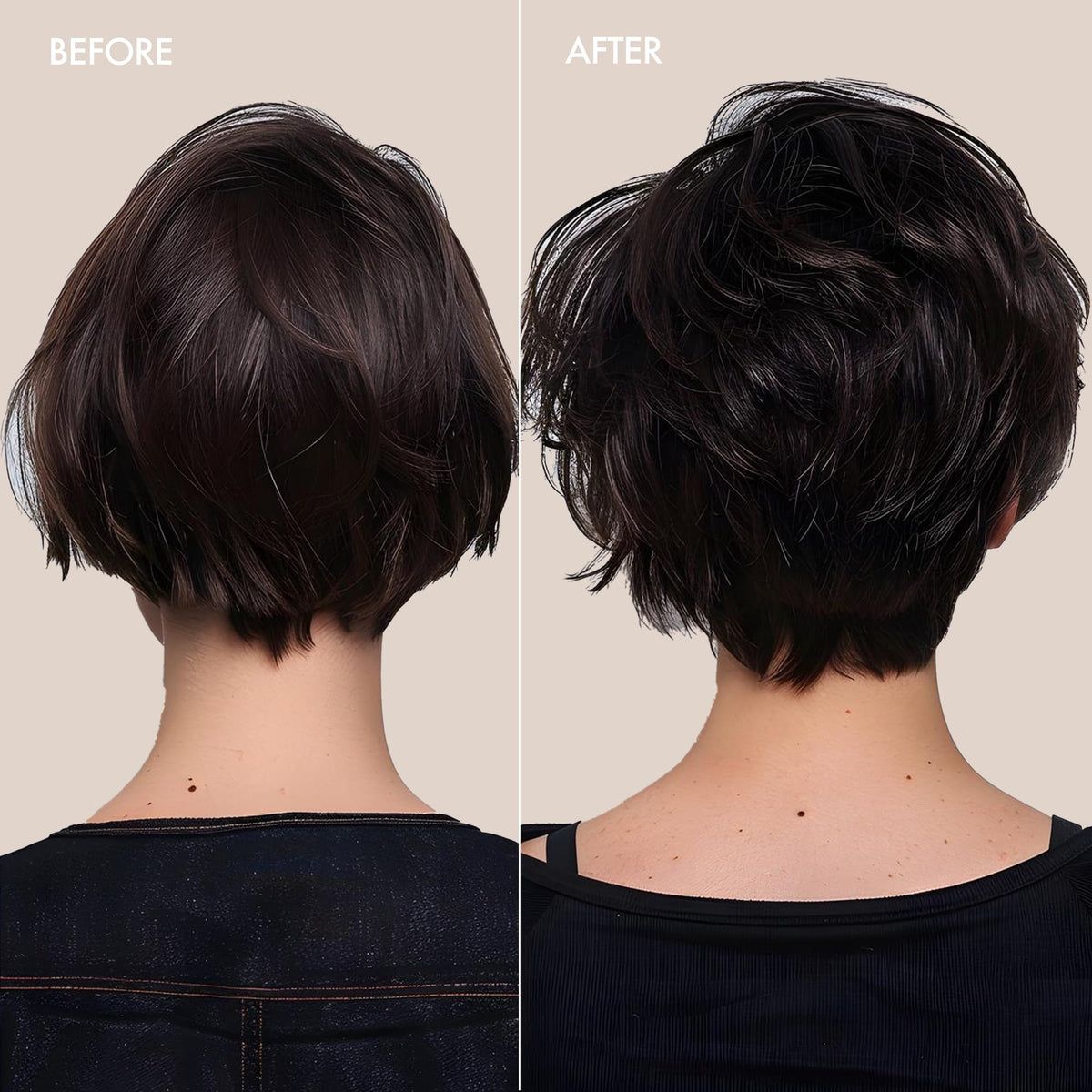 Before and after hair styled with Enjoy showing natural shine