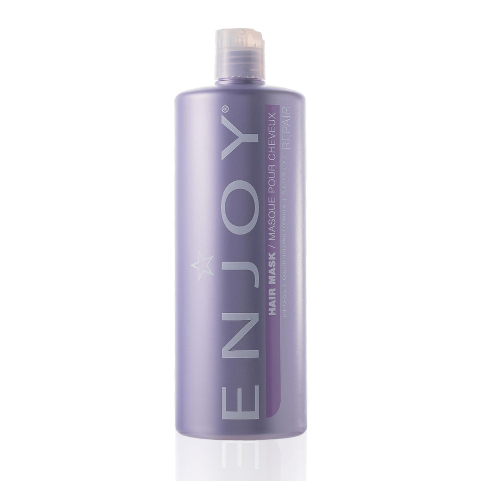Enjoy hair mask front packaging showing jar and label, highlights large size benefit