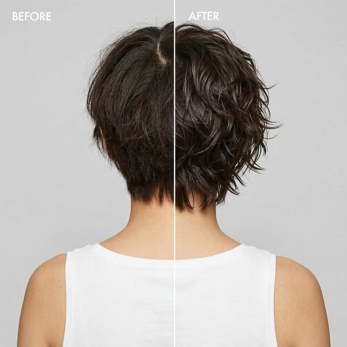 Model applying Enjoy molding paste to hair showing flexible hold and defined texture benefit