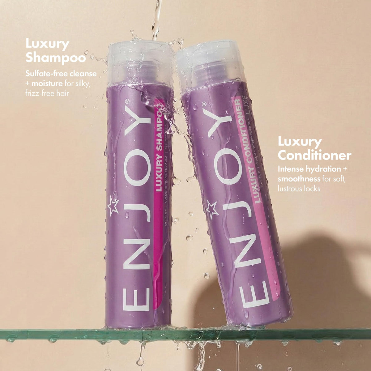Enjoy shampoo bottle close-up highlighting pump and sulfate-free benefit