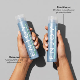 Enjoy shampoo foam close-up demonstrating gentle lather that cleanses without heaviness