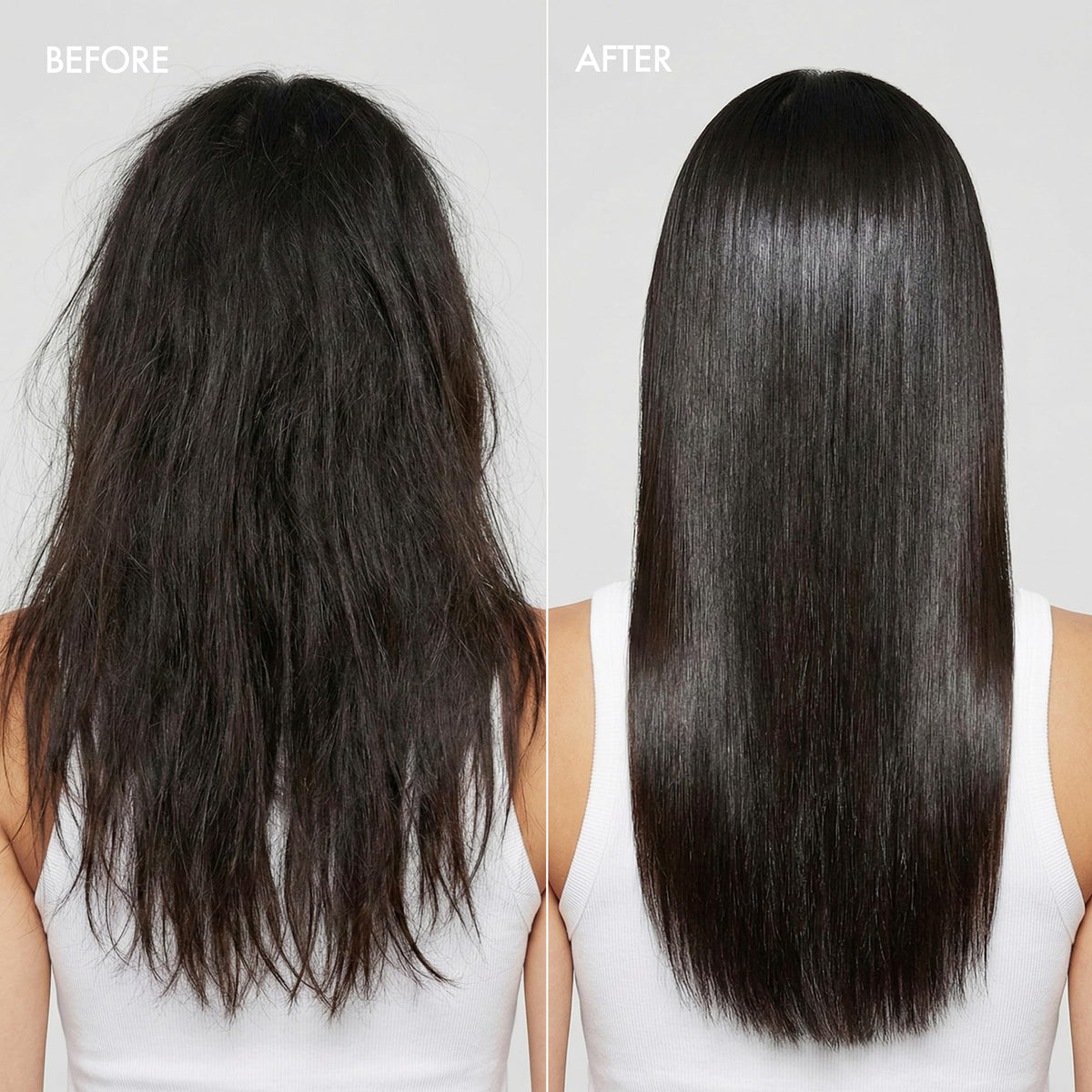 Enjoy before and after comparison showing reduced frizz and visible shine improvement