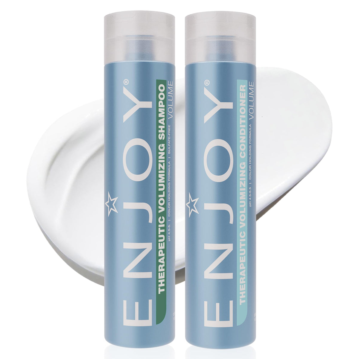 Enjoy front packaging showing both volumizing bottles and clear labeling for lightweight lift