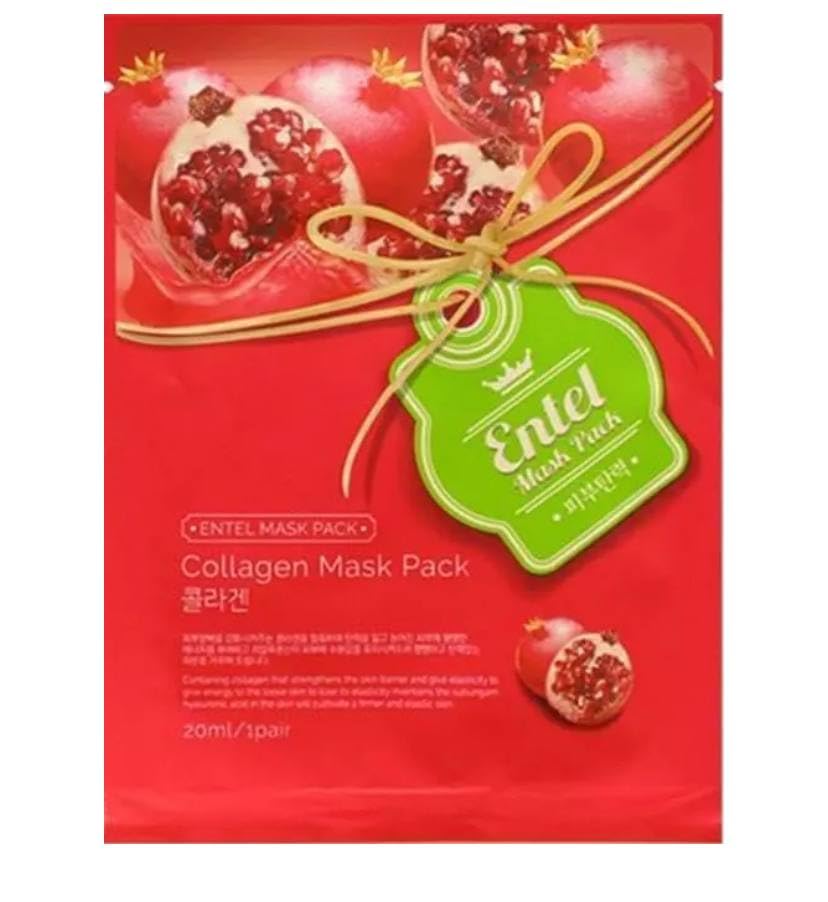 ENTEL pomegranate collagen sheet masque packet showing hydration and skin-smoothing