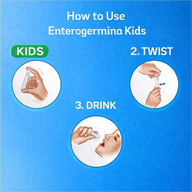 Generic EnterogerminaKids box with scattered vials showing full pack contents