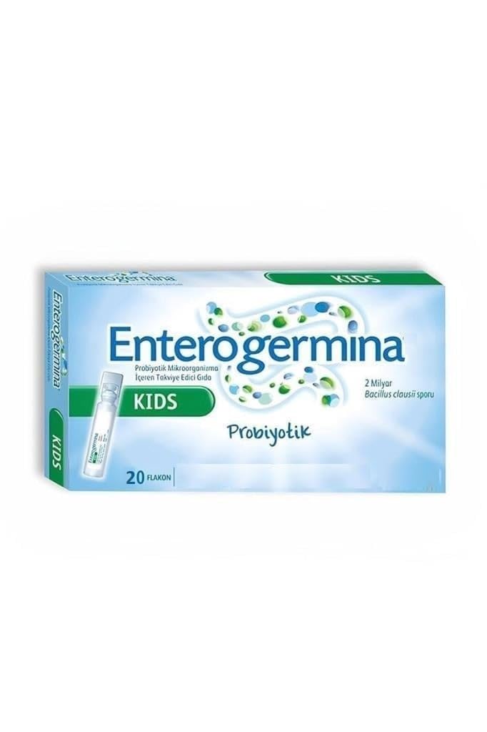 EnterogerminaKids front packaging showing 20-vial pack and compact design benefits