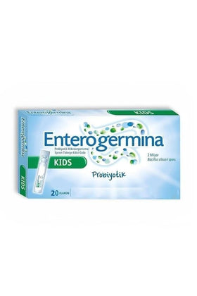 EnterogerminaKids front packaging showing 20-vial pack and compact design benefits