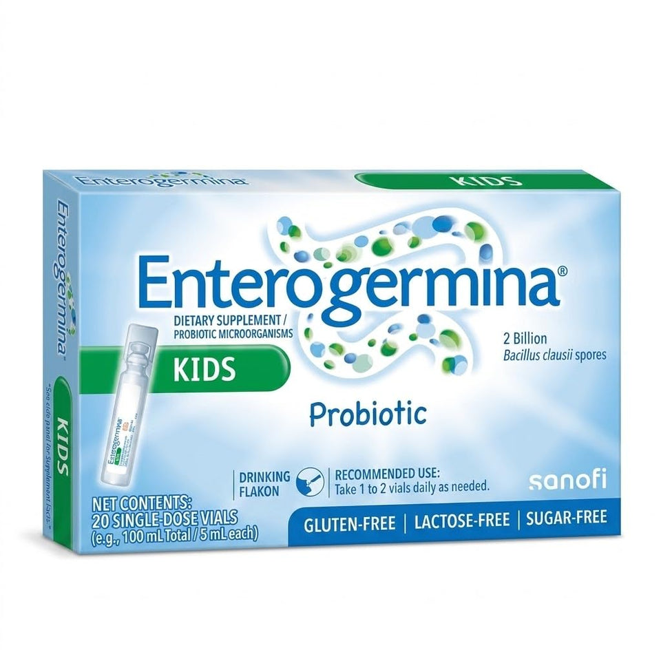 EnterogerminaKids front vial view showing single-dose convenience