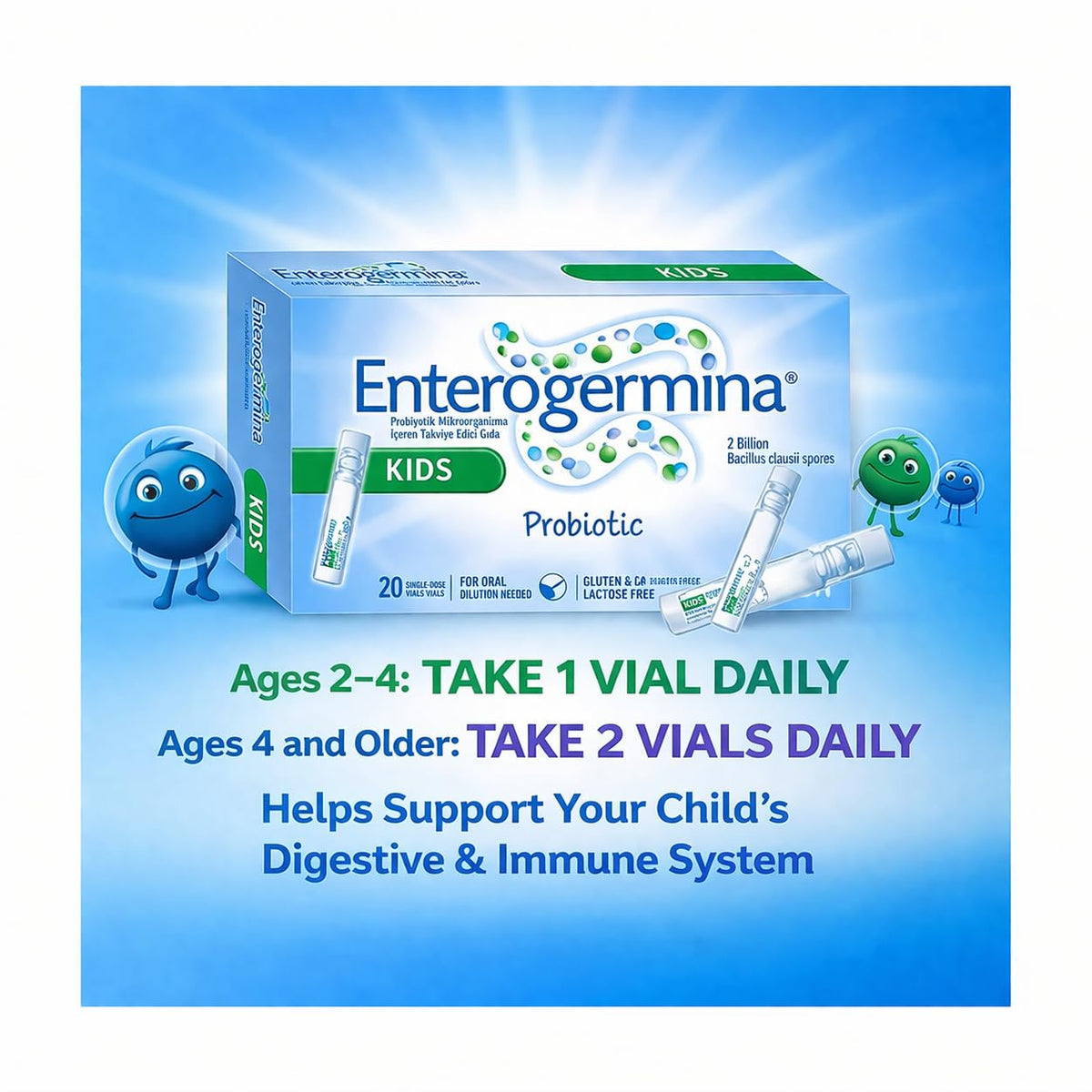 Generic EnterogerminaKids single vial closeup demonstrating ready-to-use convenience