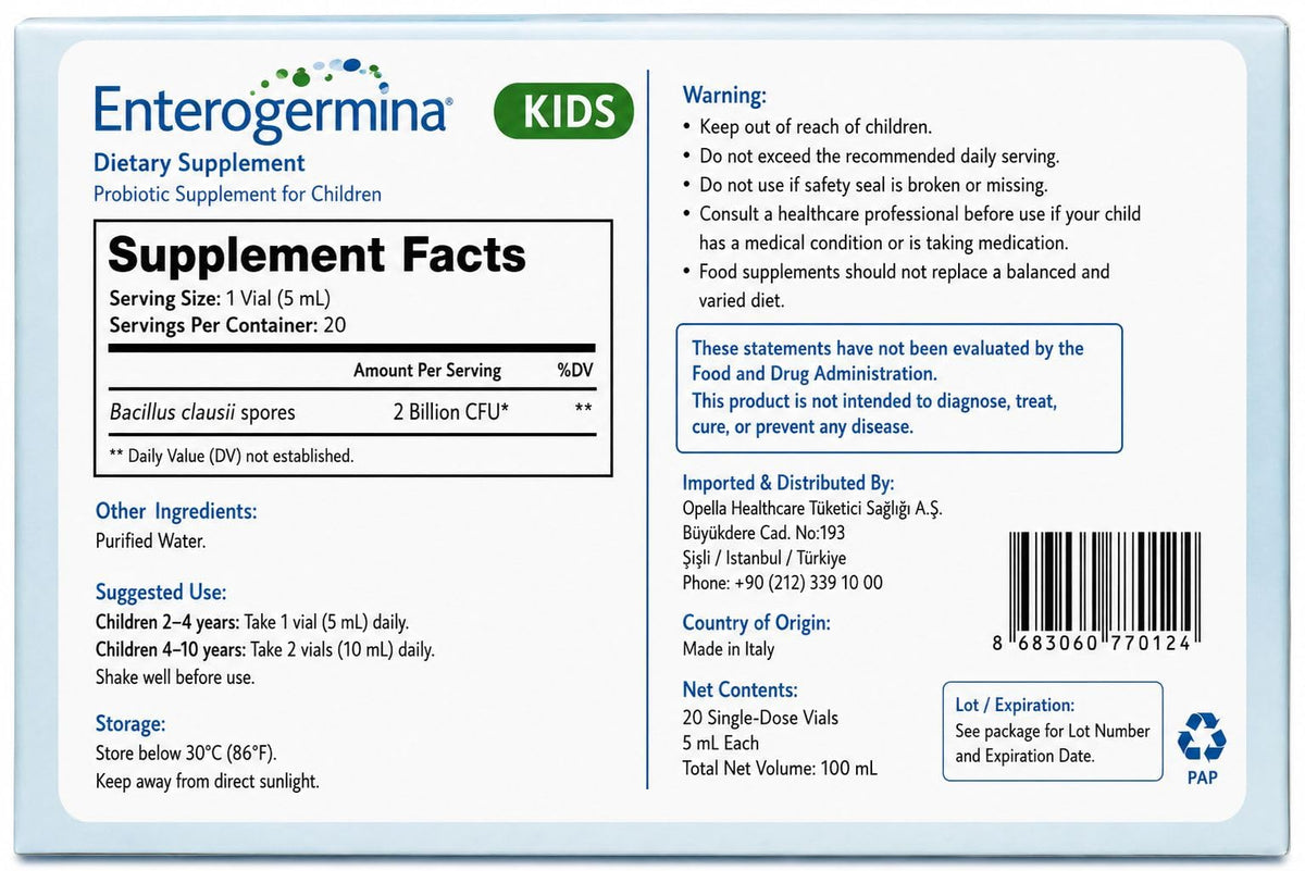 EnterogerminaKids single vial close-up displaying liquid format and easy-use cap