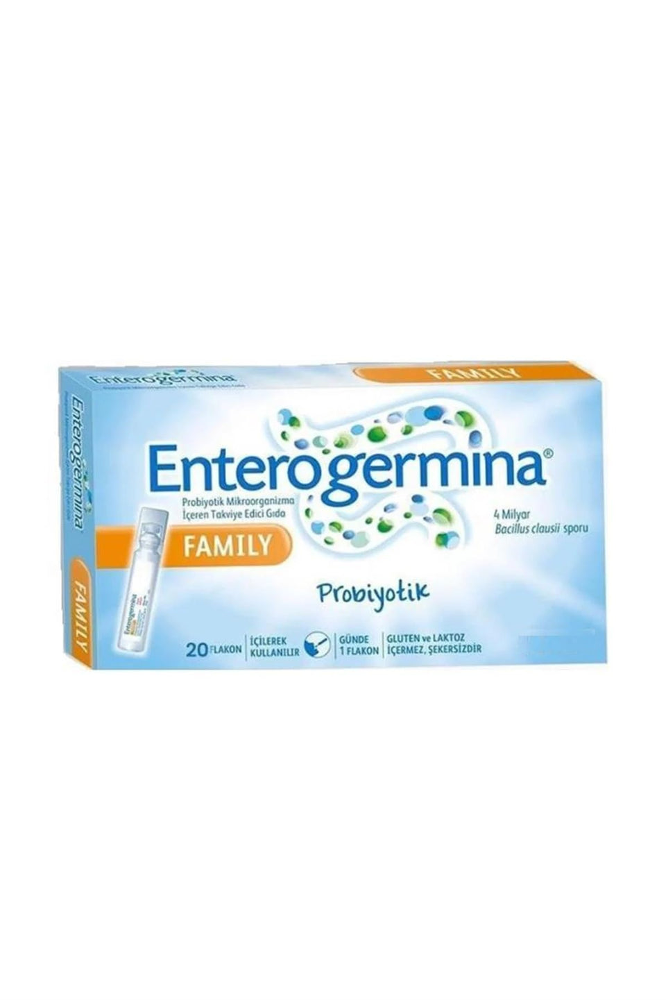 EnterogerminaAdult single-use vial front view showing easy-dose convenience