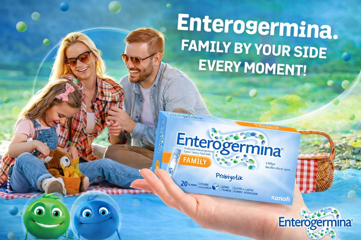 EnterogerminaAdult pack in hand showing travel-friendly size and portability benefit
